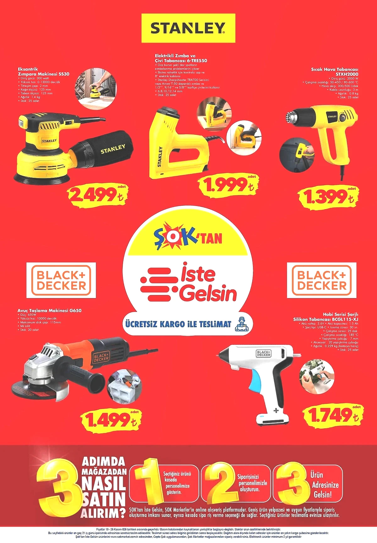 ŞOK market 15-18 Kasım 2025 aktüel ürünler kataloğu Elektrikli Zımba ve Çivi Tabancası 1.999 TL, Sıcak Hava Tabancası 1.399 TL, Black Decker Avuç Taşlama Makinesi 1.499 TL, Black Decker Hobi Serisi Şarjlı Silikon Tabancası 1.749 TL.